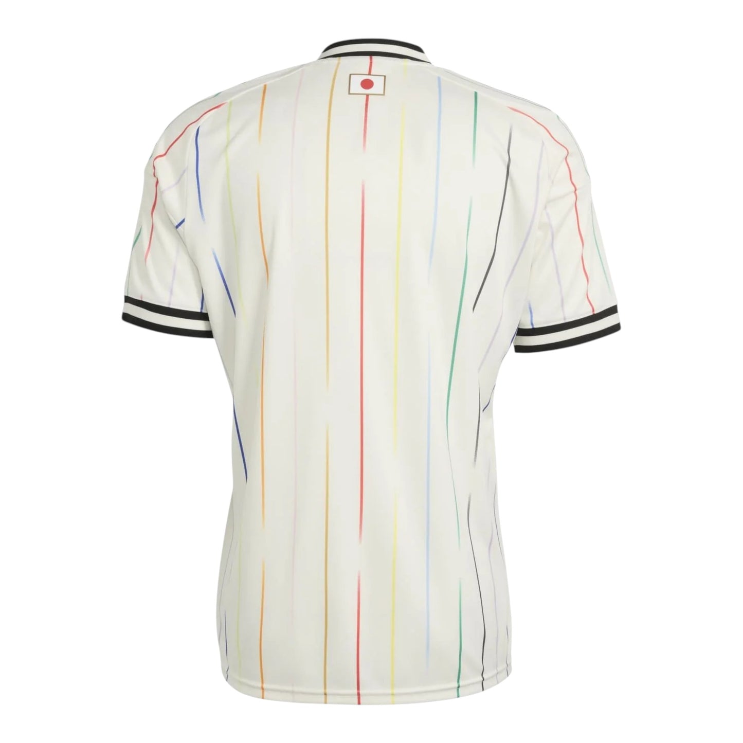 GOATkitz Japan 2026 adult away jersey in white with vertical rainbow stripes and black trim on collar and sleeves.