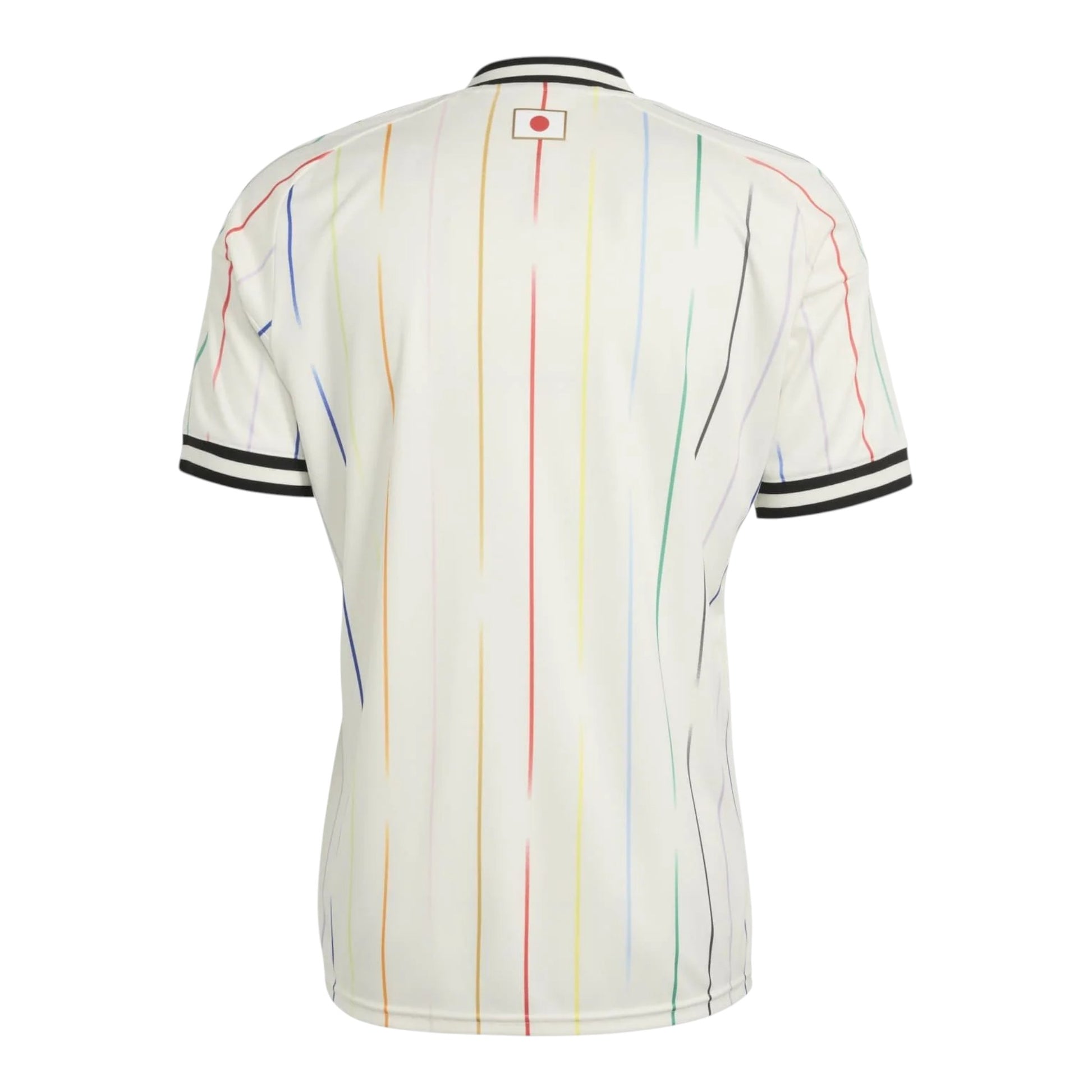 GOATkitz Japan 2026 adult away jersey in white with vertical rainbow stripes and black trim on collar and sleeves.