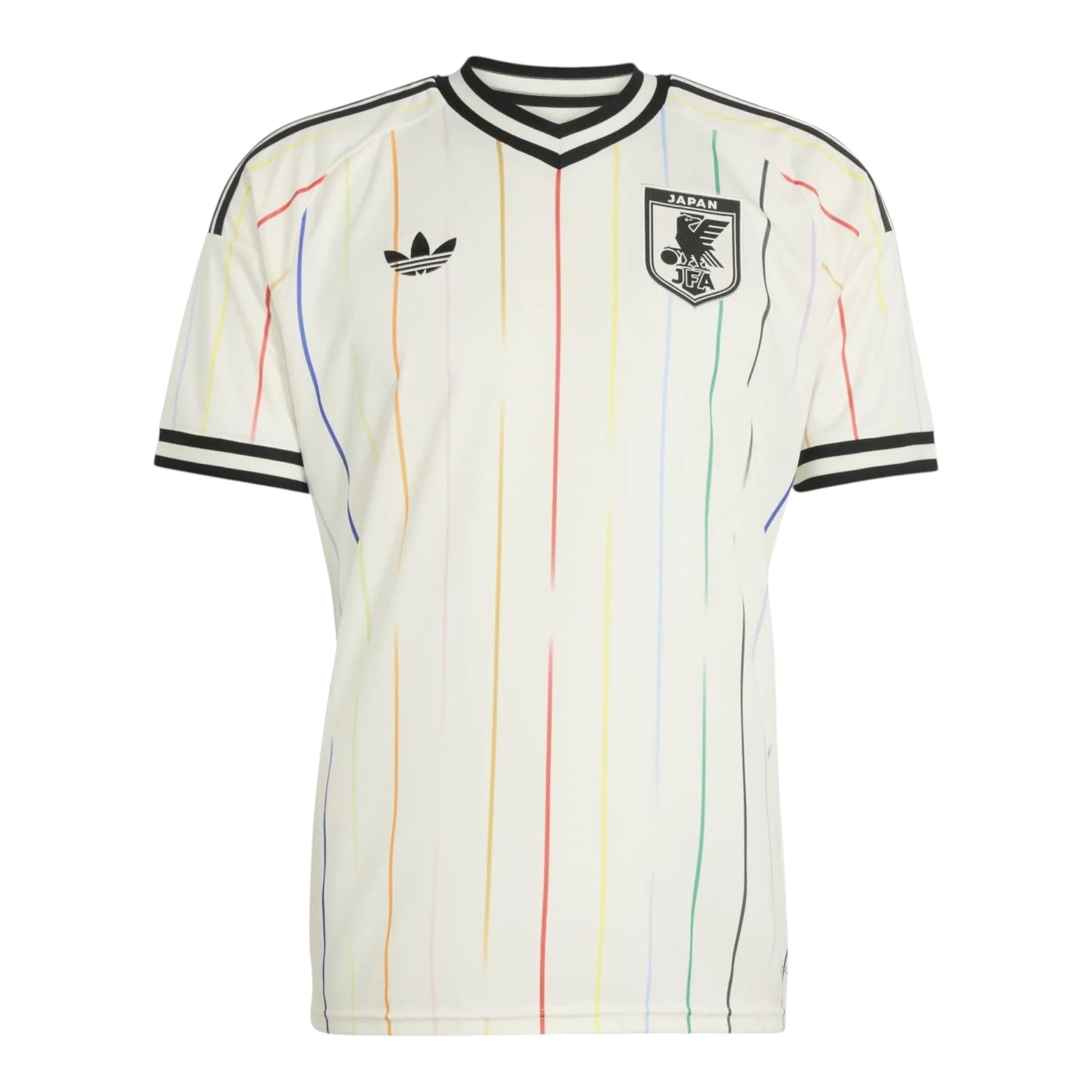 GOATkitz Japan 2026 adult away jersey in white with vertical rainbow stripes, black trim, and crest.