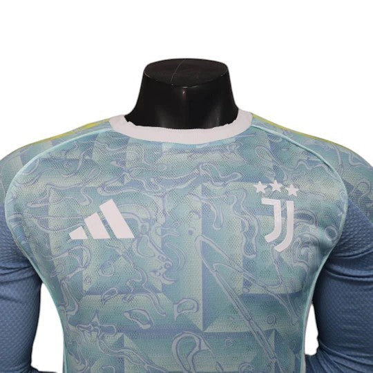 GOATkitz Juventus 2025-26 away long sleeve player version jersey in light blue with white Adidas and Juventus logos.