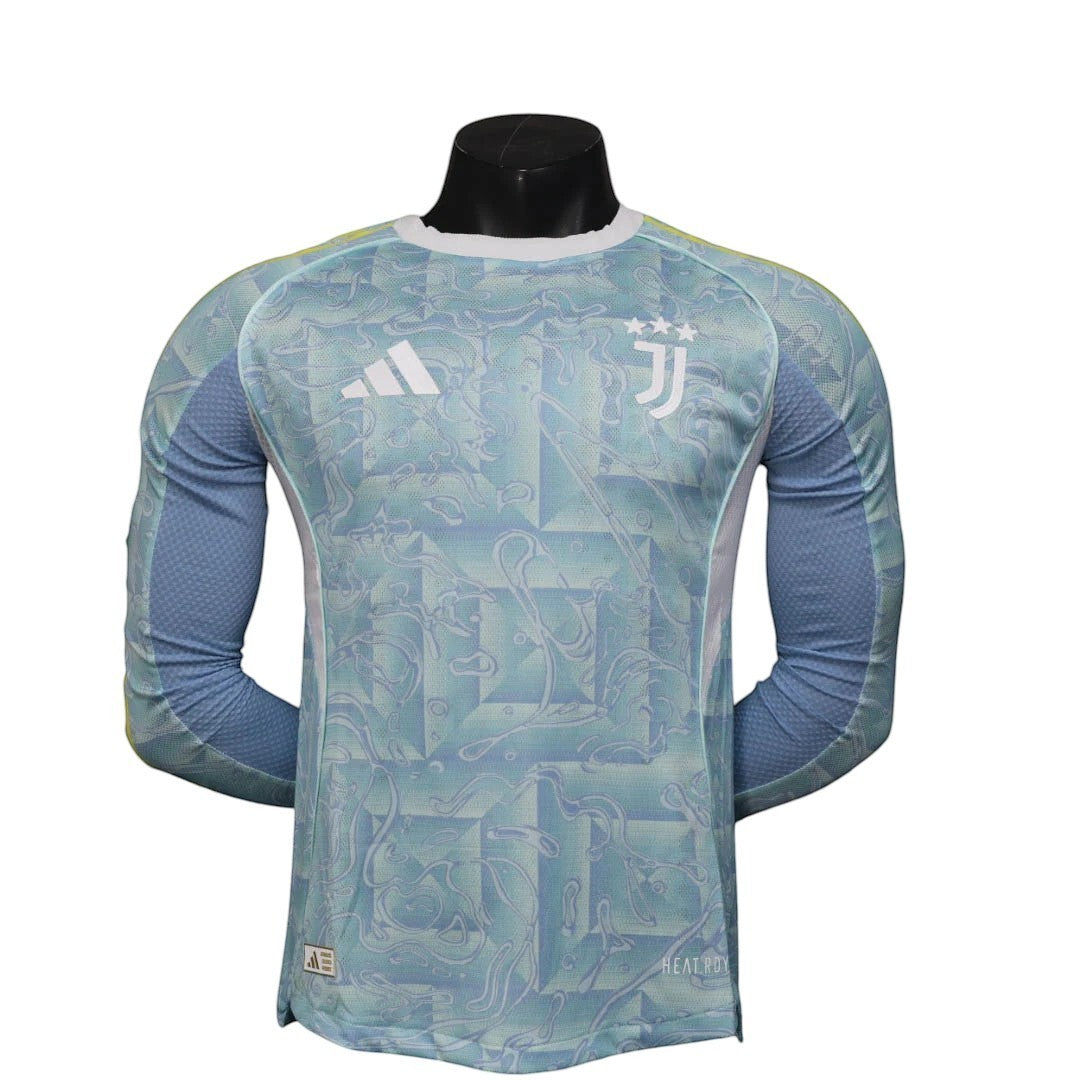 GOATkitz Juventus 2025-26 away long sleeve player version jersey in light blue with abstract pattern. Customizable.