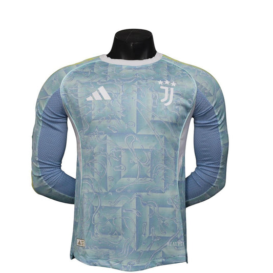 GOATkitz Juventus 2025-26 away long sleeve player version jersey in light blue with abstract pattern. Customizable.