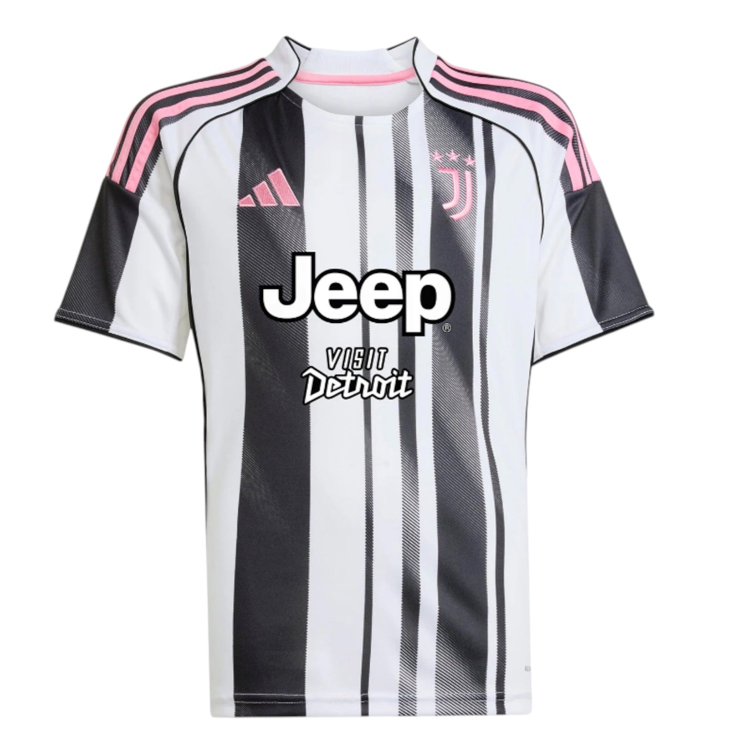 GOATkitz Juventus 2025-26 adult home jersey with black and white stripes, pink accents, and Jeep sponsor.