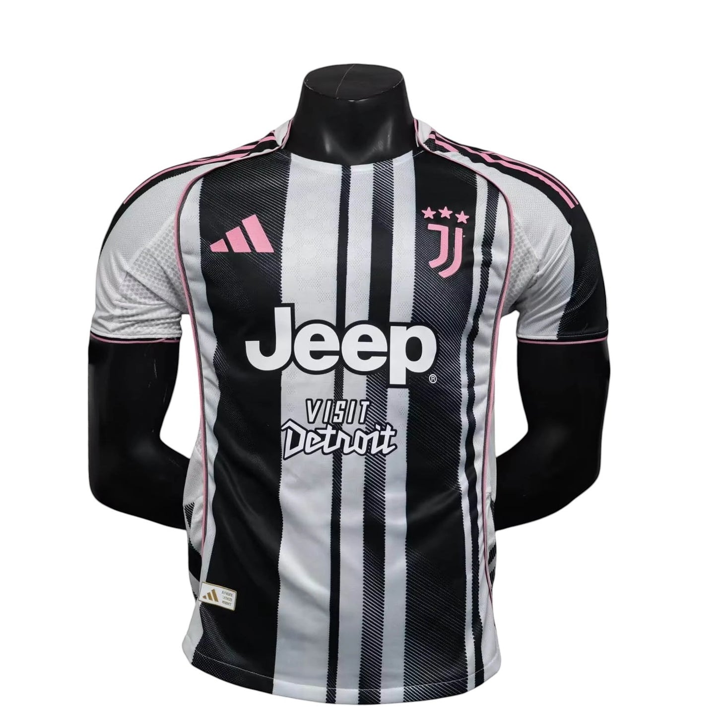 GOATkitz Juventus 2025-26 Player Version Home Jersey, black and white stripes with pink accents, Jeep sponsor.