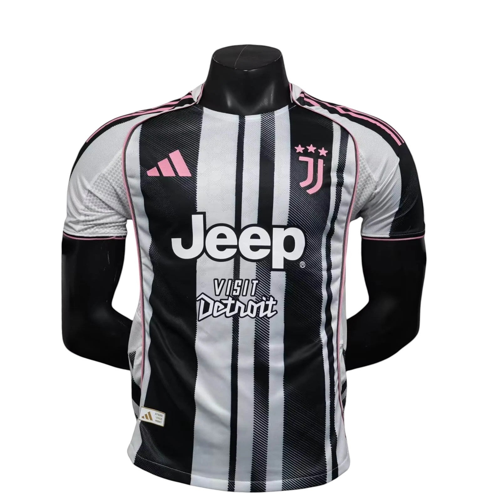 GOATkitz Juventus 2025-26 Player Version Home Jersey, black and white stripes with pink accents, Jeep sponsor.