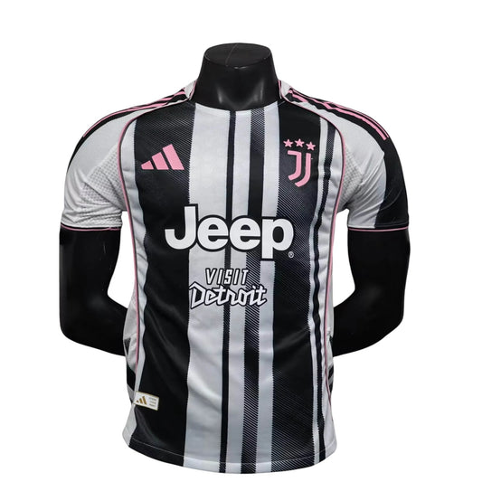 GOATkitz Juventus 2025-26 Player Version Home Jersey, black and white stripes with pink accents, Jeep sponsor.