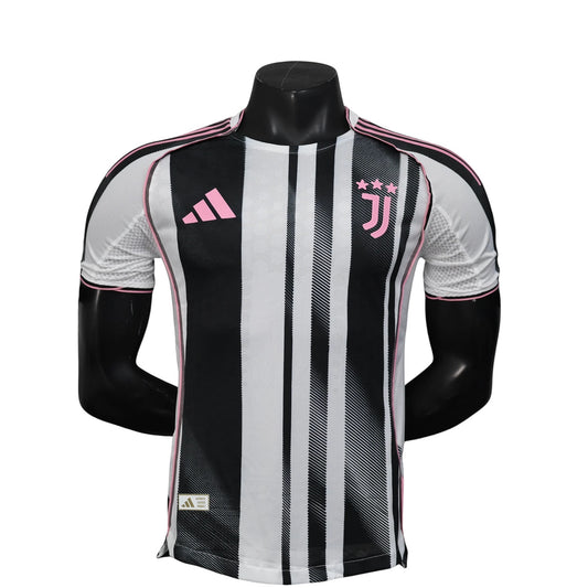 GOATkitz Juventus 2025-26 player version home jersey, black & white stripes, pink accents, customizable.