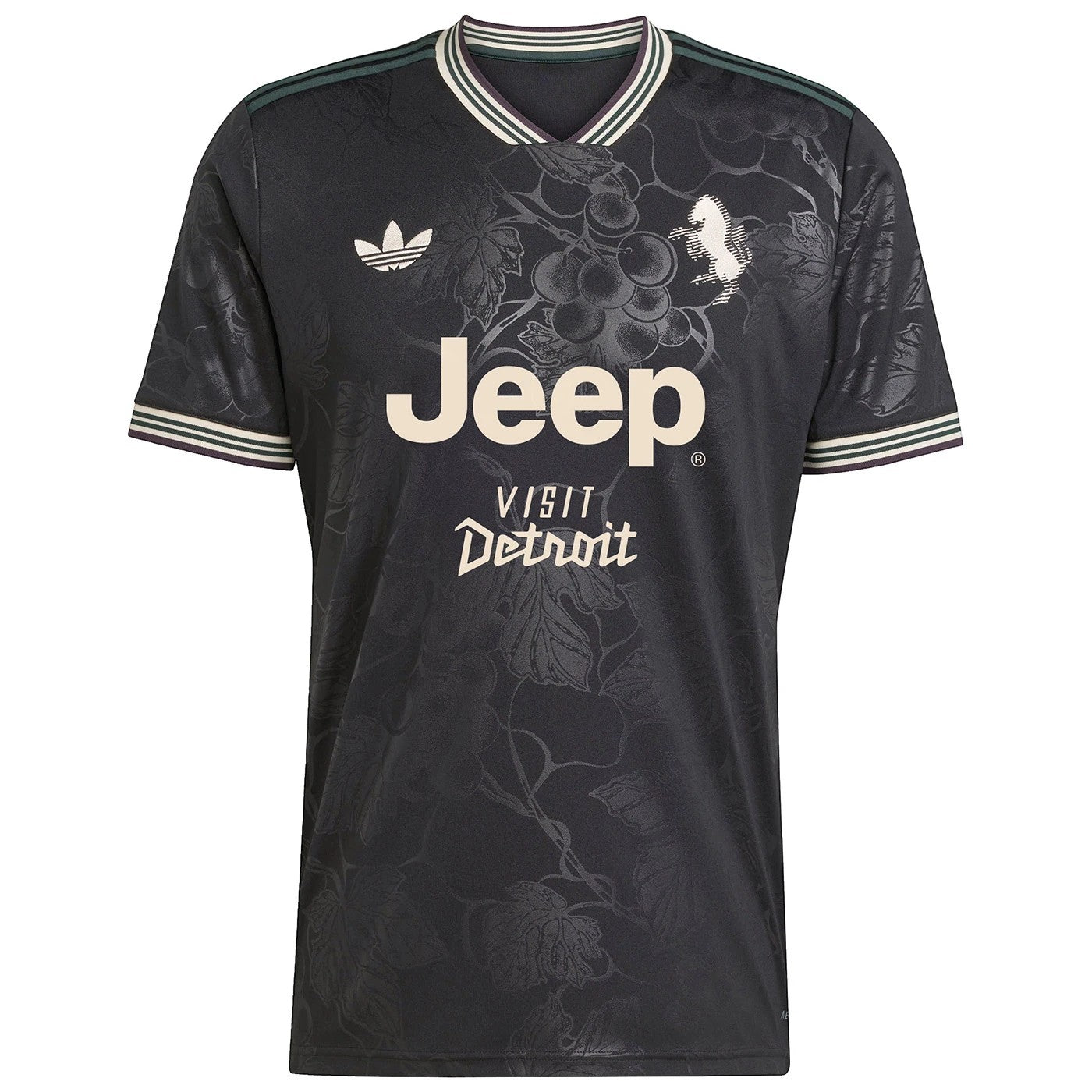 GOATkitz Juventus 2025-26 adult third jersey in black with grape vine pattern, Jeep sponsor, and striped collar.