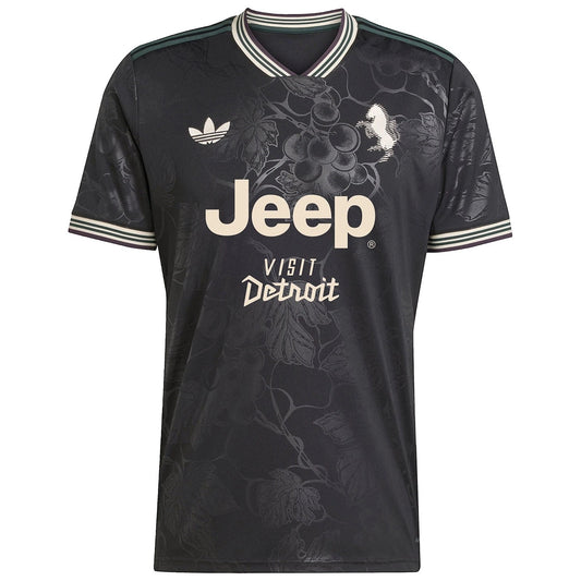 GOATkitz Juventus 2025-26 adult third jersey in black with grape vine pattern, Jeep sponsor, and striped collar.