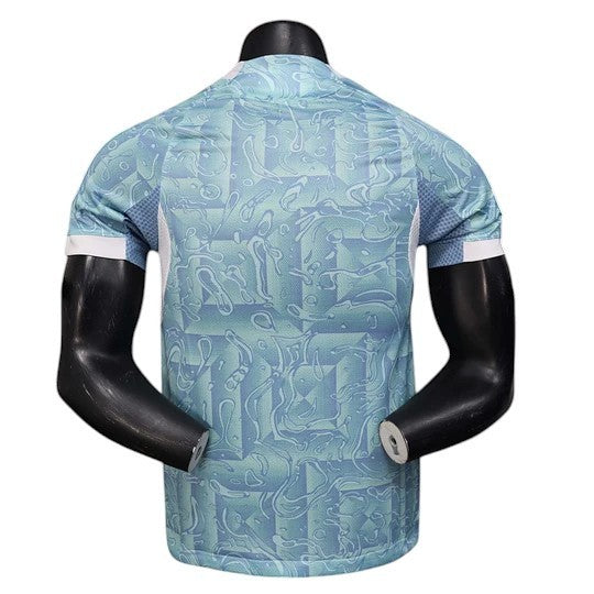 GOATkitz Juventus 2025-26 adult player version away jersey in light blue with abstract pattern. Customizable name and number.