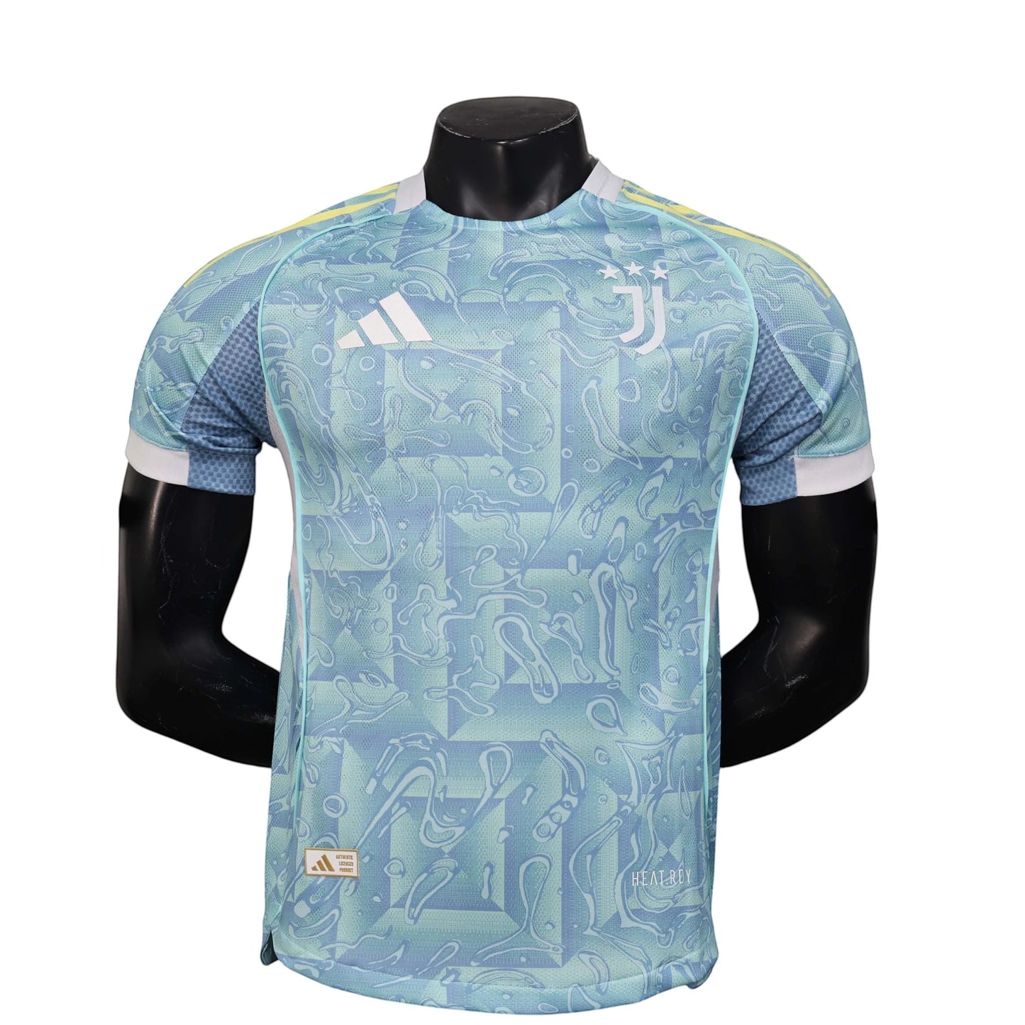 GOATkitz Juventus 2025-26 player version away jersey in light blue with abstract pattern, white accents, and yellow trim.