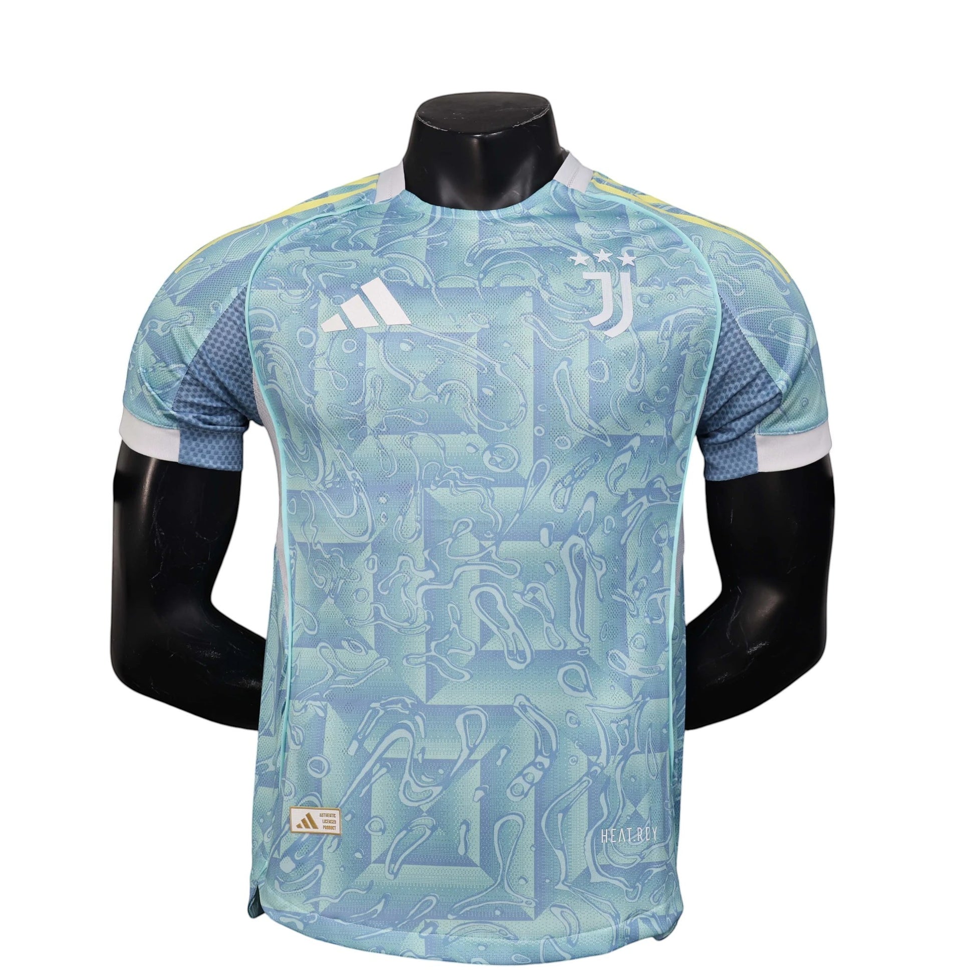 GOATkitz Juventus 2025-26 player version away jersey in light blue with abstract pattern, white accents, and yellow trim.