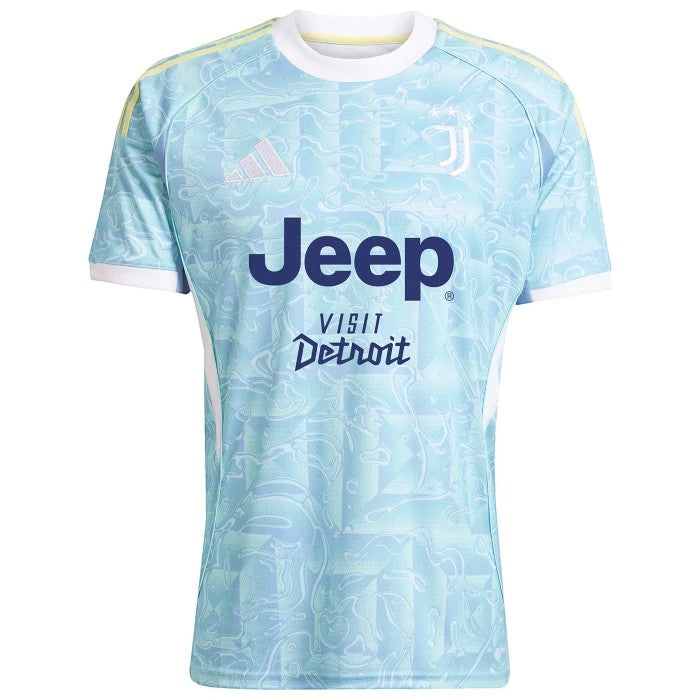 GOATkitz Juventus 2025-26 away jersey in light blue with a patterned design, white collar and cuffs, and Jeep sponsor logo.