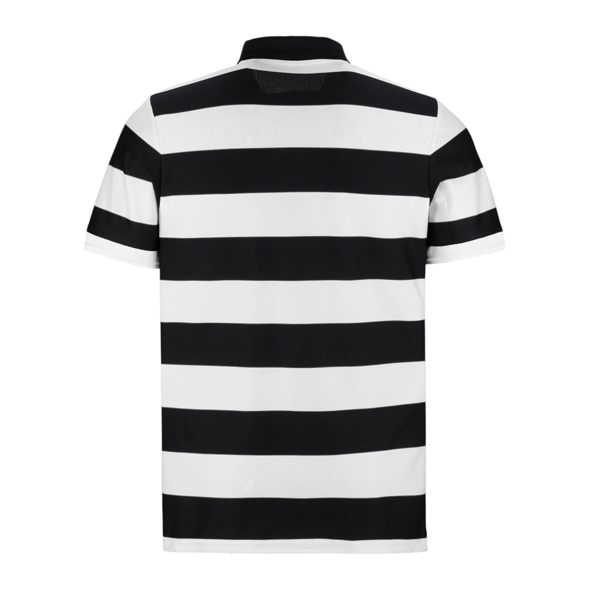 GOATkitz Juventus 2025-26 adult fourth jersey, black and white horizontal stripes, polo collar, short sleeves.