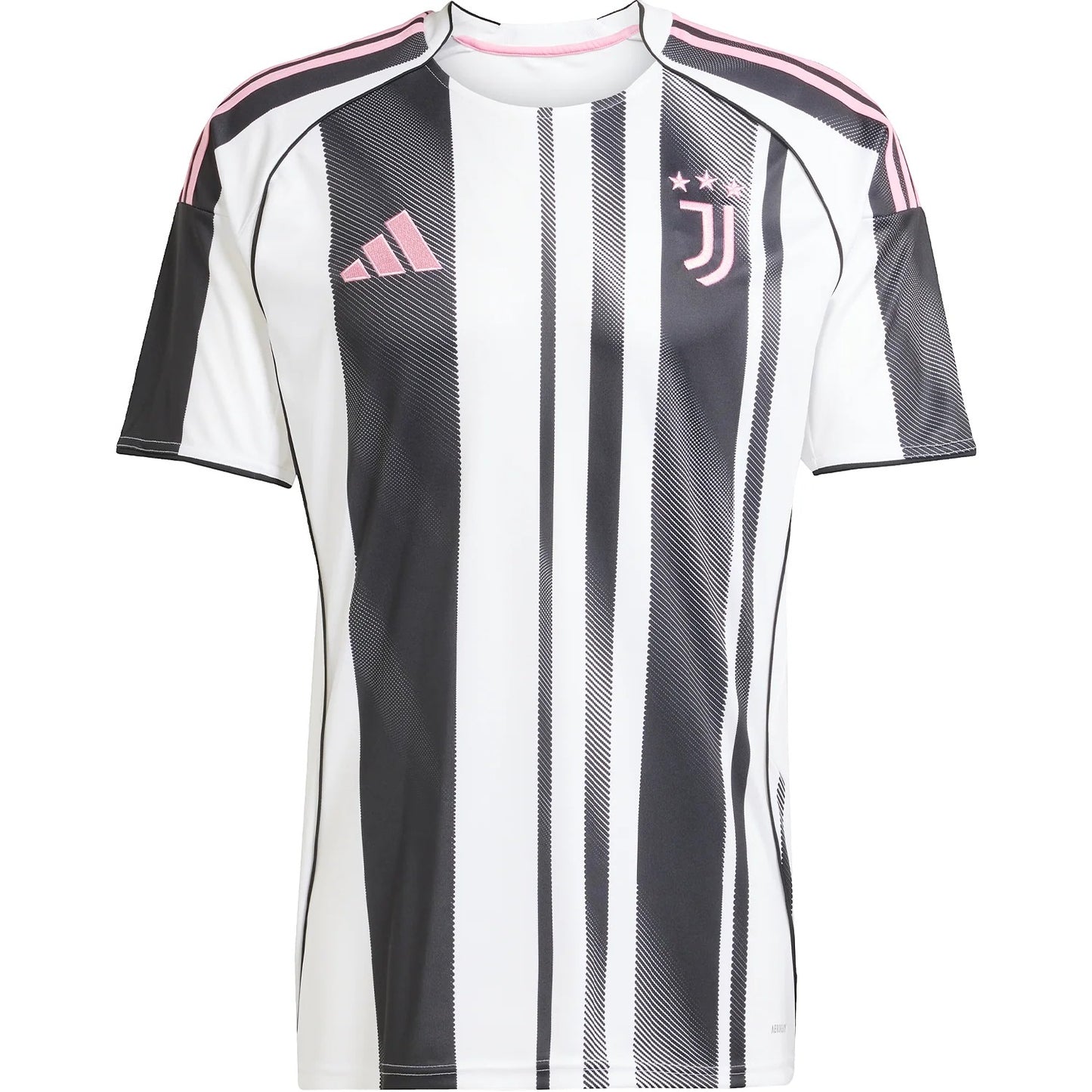 GOATkitz Juventus 2025-26 kids home jersey with black and white vertical stripes and pink accents. Short sleeves, crew neck.