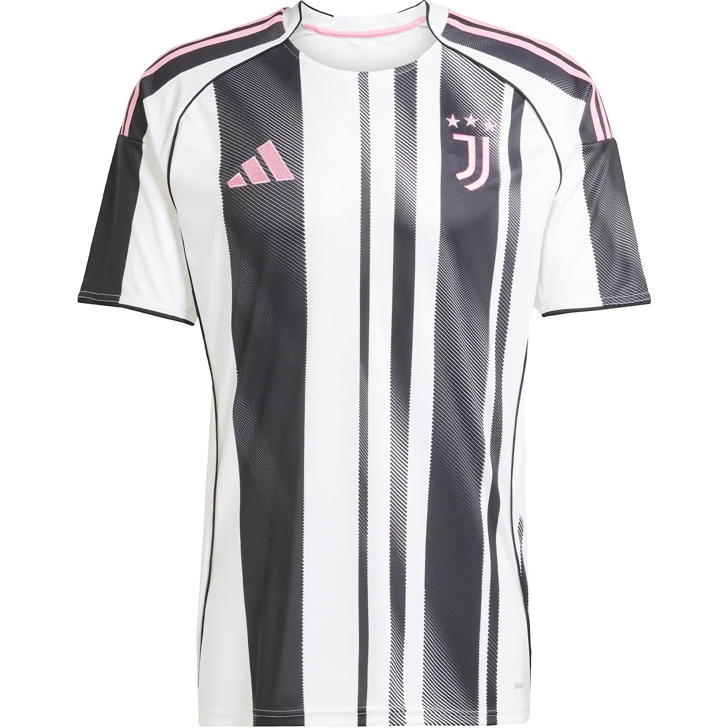 GOATkitz Juventus 2025-26 kids home jersey with black and white vertical stripes and pink accents. Short sleeves, crew neck.
