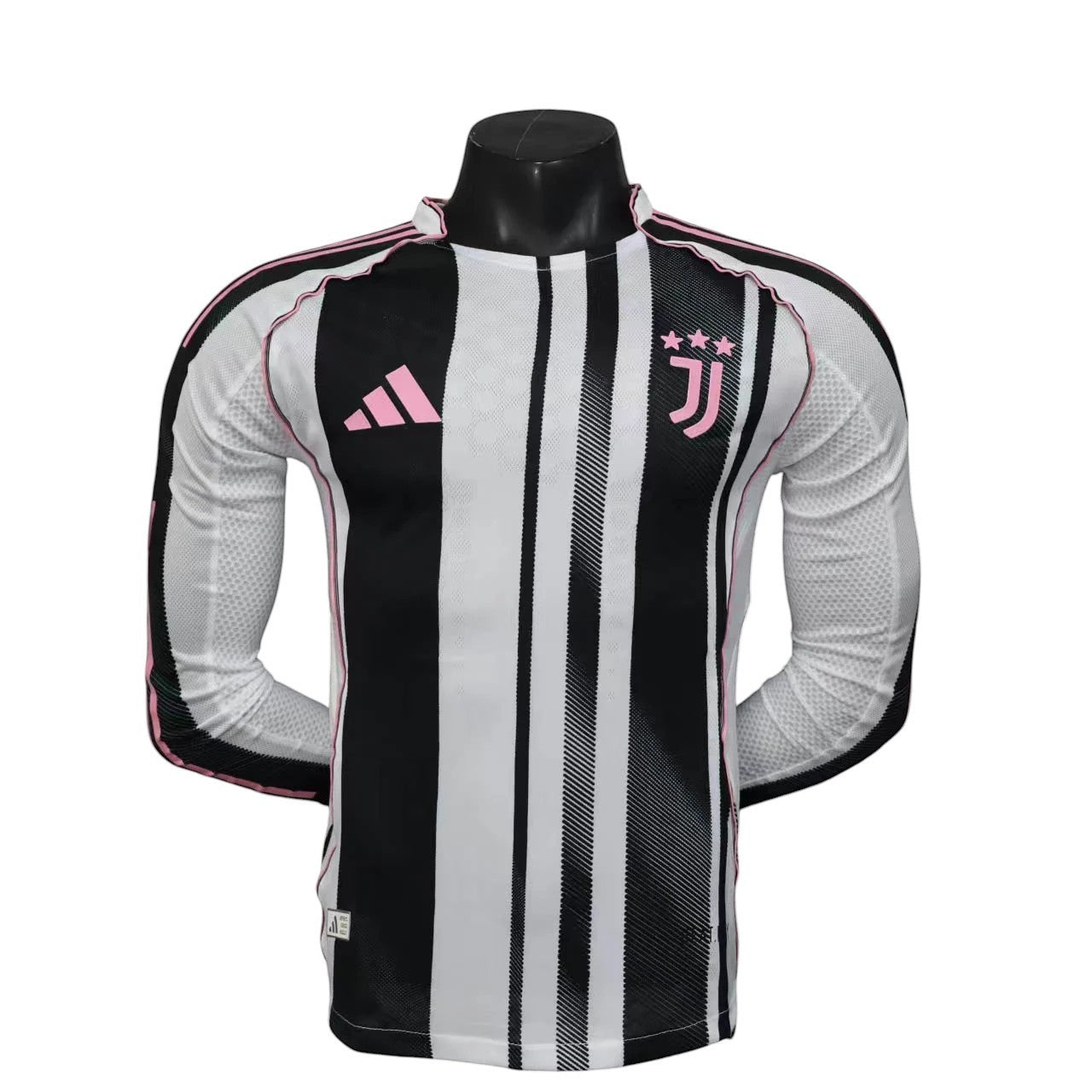GOATkitz Juventus 2025-26 player version long sleeve jersey, black & white stripes with pink accents. Customizable.