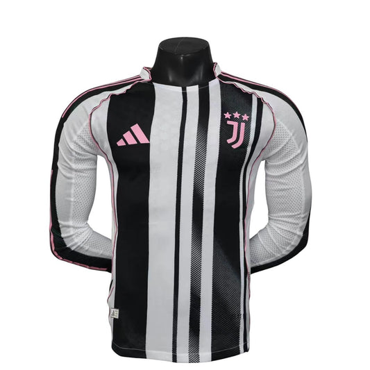 GOATkitz Juventus 2025-26 player version long sleeve jersey, black & white stripes with pink accents. Customizable.