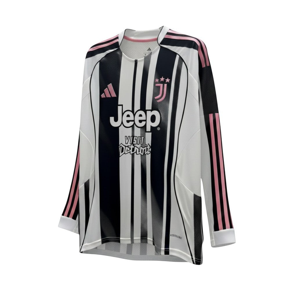 GOATkitz Juventus 2025-26 long sleeve home jersey with black and white stripes, pink accents, and Jeep sponsor.