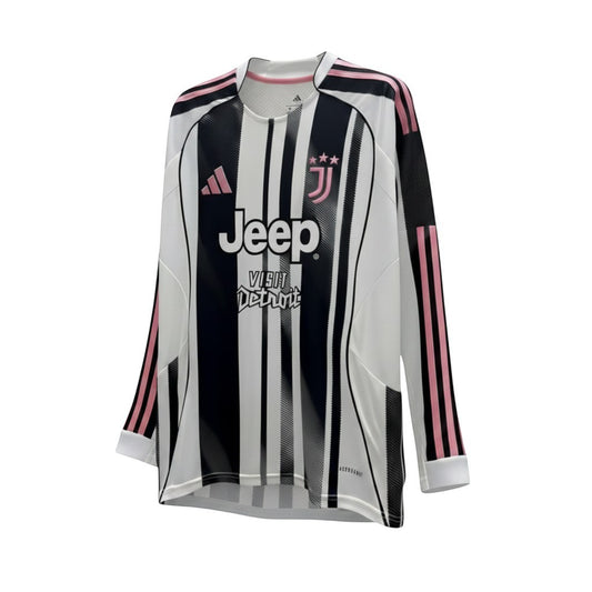 GOATkitz Juventus 2025-26 long sleeve home jersey with black and white stripes, pink accents, and Jeep sponsor.