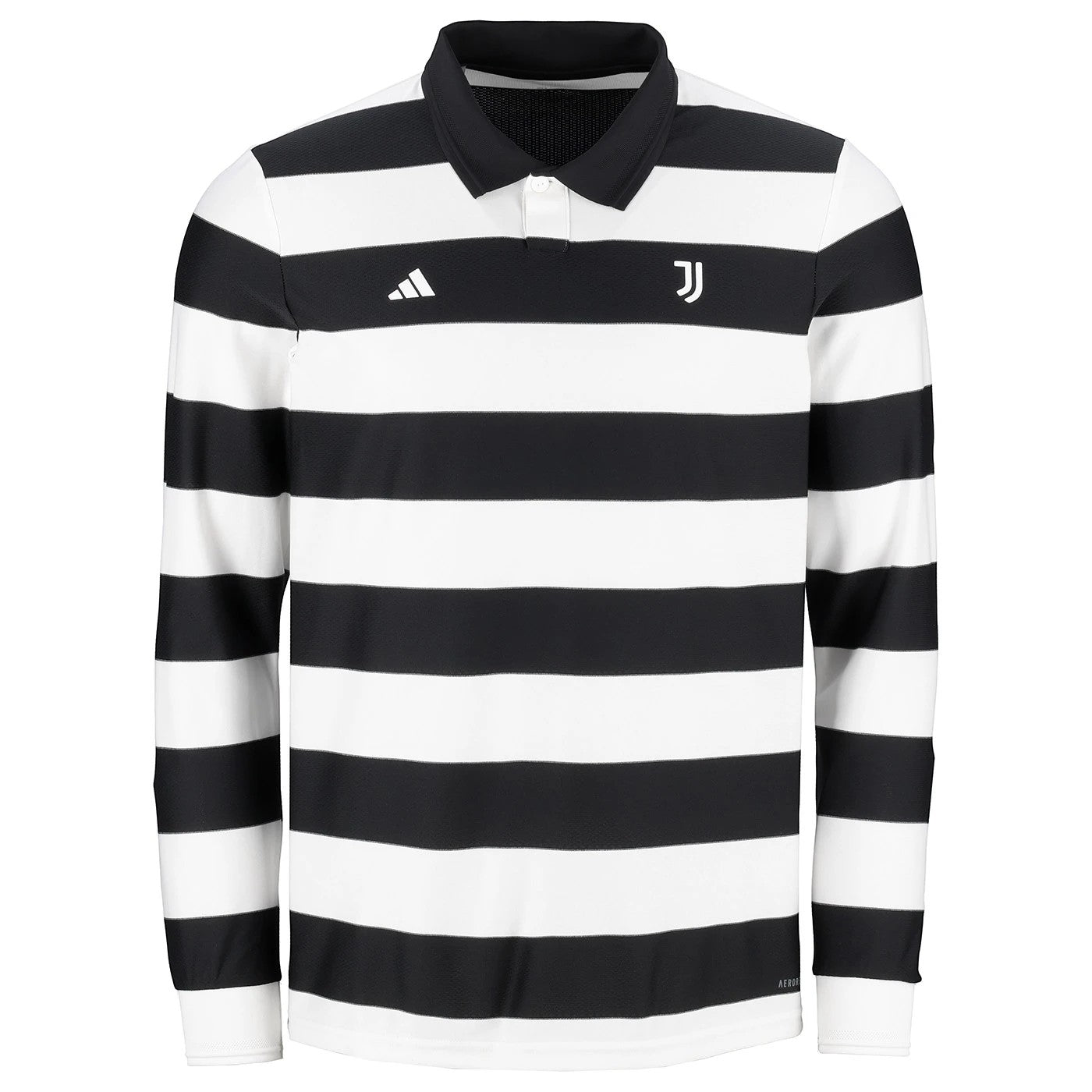 GOATkitz Juventus 2025-26 adult fourth long sleeve jersey with black and white horizontal stripes, Adidas logo, and Juventus crest.