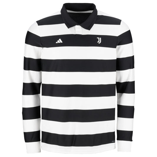 GOATkitz Juventus 2025-26 adult fourth long sleeve jersey with black and white horizontal stripes, Adidas logo, and Juventus crest.