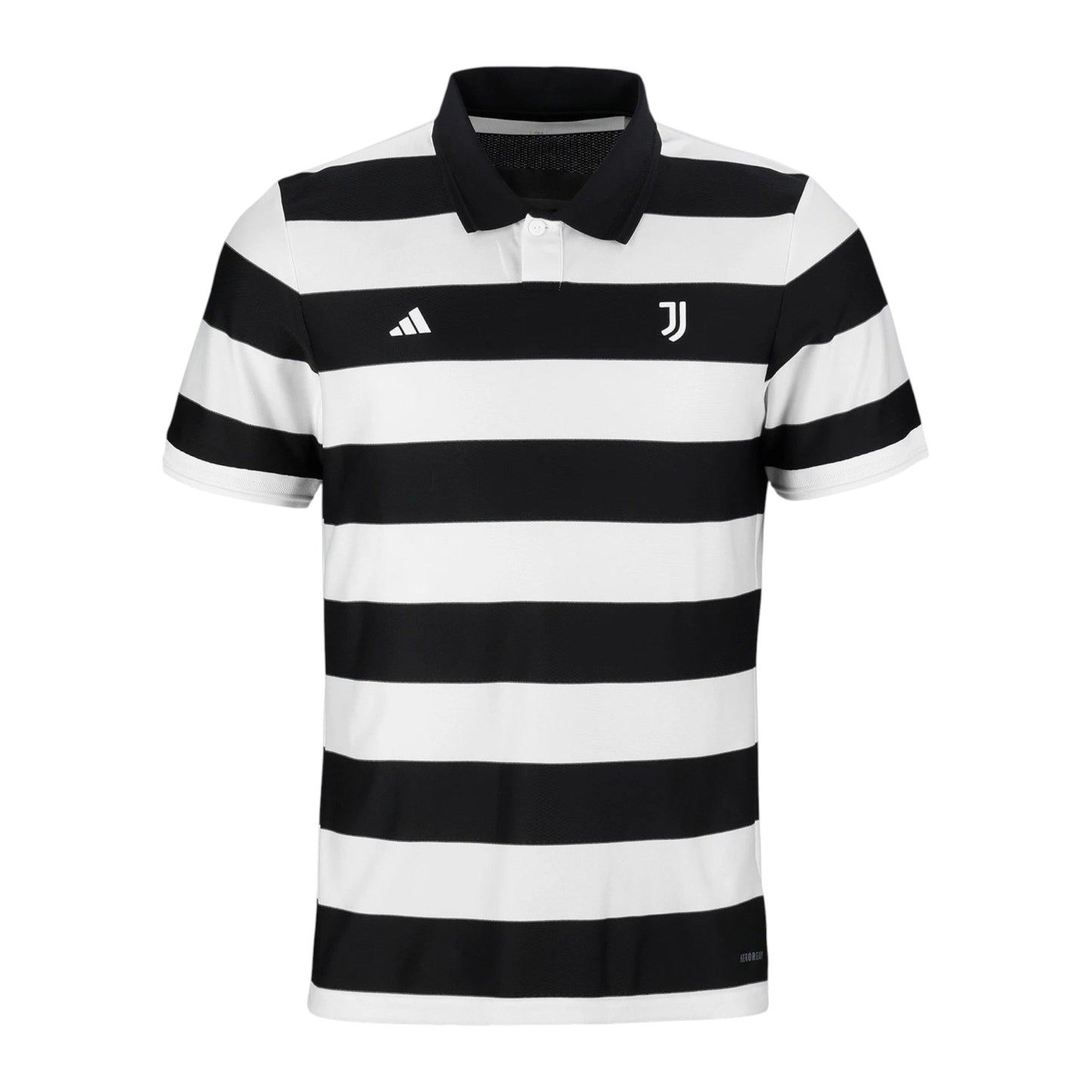 GOATkitz Juventus 2025-26 black and white striped polo jersey with Adidas and Juventus logos.