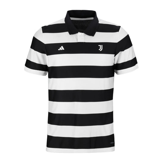 GOATkitz Juventus 2025-26 black and white striped polo jersey with Adidas and Juventus logos.