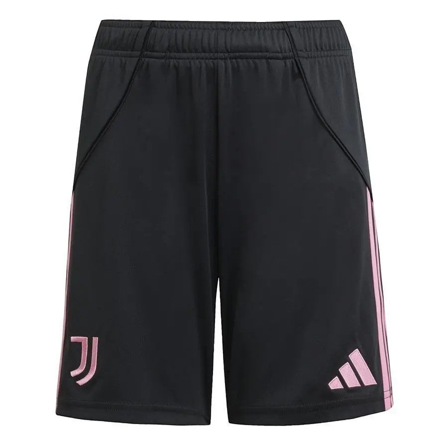 GOATkitz black Juventus 2025-26 kids home shorts with pink stripes and embroidered logos.
