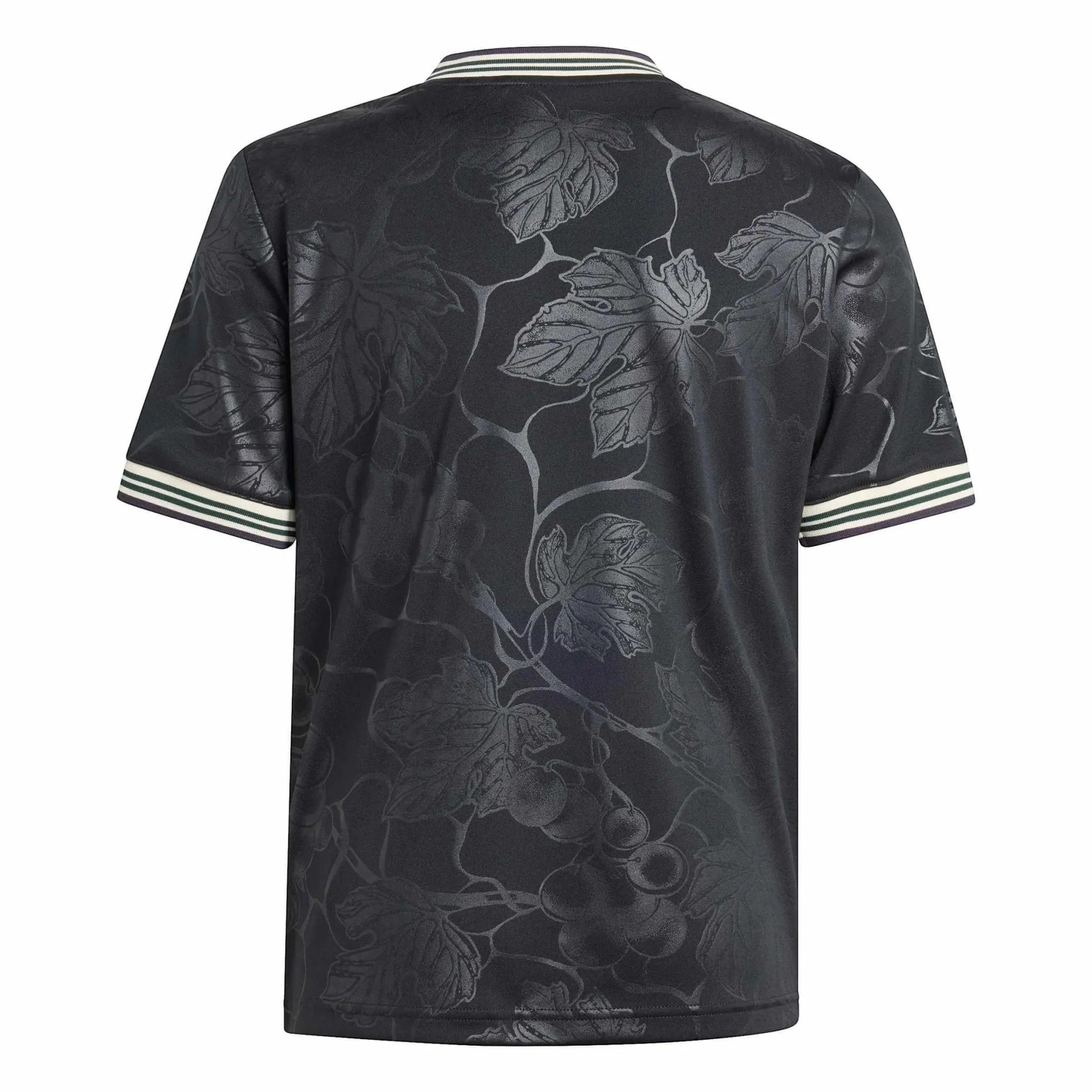 GOATkitz Juventus 2025-26 kids third jersey in black with a subtle vine and grape pattern. Features striped collar and sleeve cuffs.
