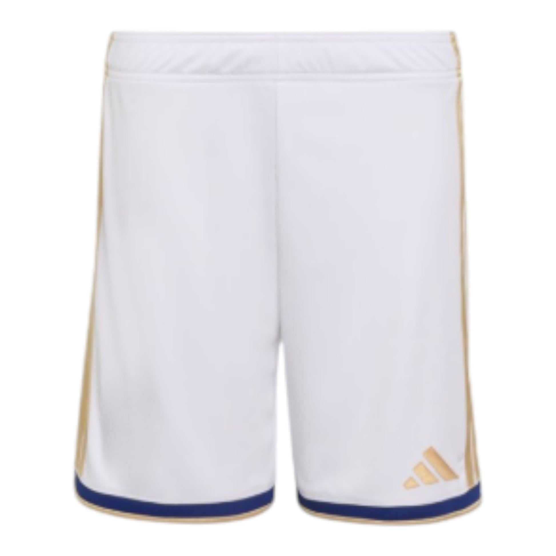 GOATkitz kids' white Adidas soccer shorts with gold and blue trim, size 16-28, customizable with badges.