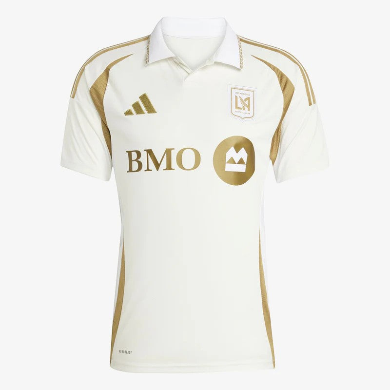 GOATkitz LAFC 2025-26 adult away jersey in cream with gold accents, featuring the LAFC crest and BMO sponsor.
