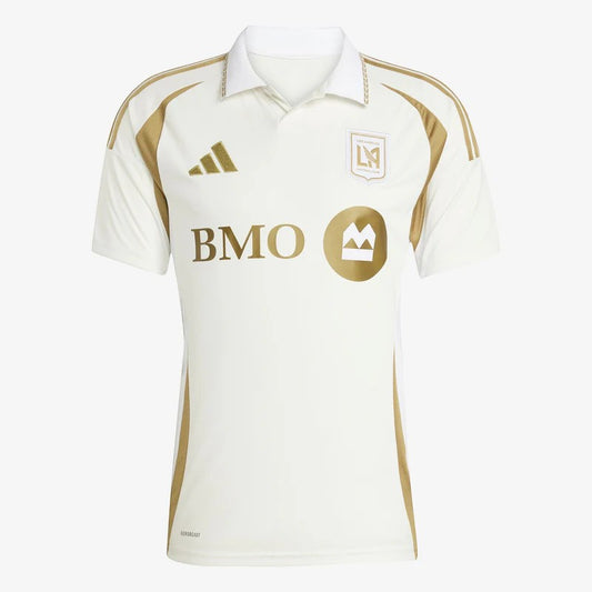 GOATkitz LAFC 2025-26 adult away jersey in cream with gold accents, featuring the LAFC crest and BMO sponsor.