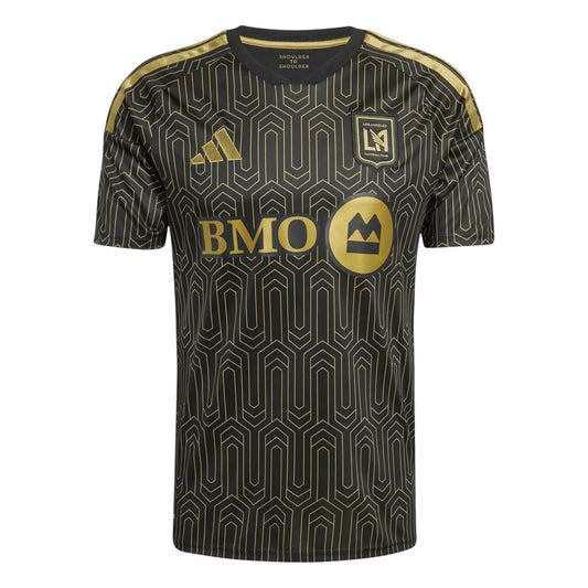 GOATkitz black and gold LAFC 2025-26 adult home jersey with geometric pattern and customizable name/number option.