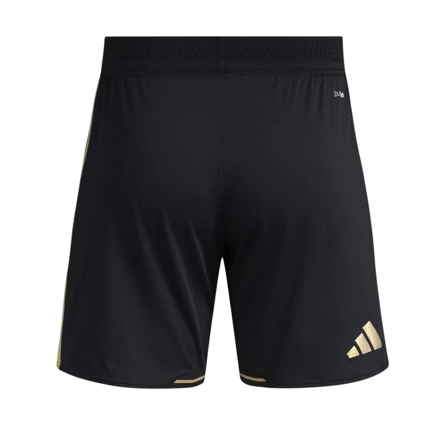 GOATkitz LAFC 2025-26 kids home soccer shorts in black with gold accents and Adidas logo.