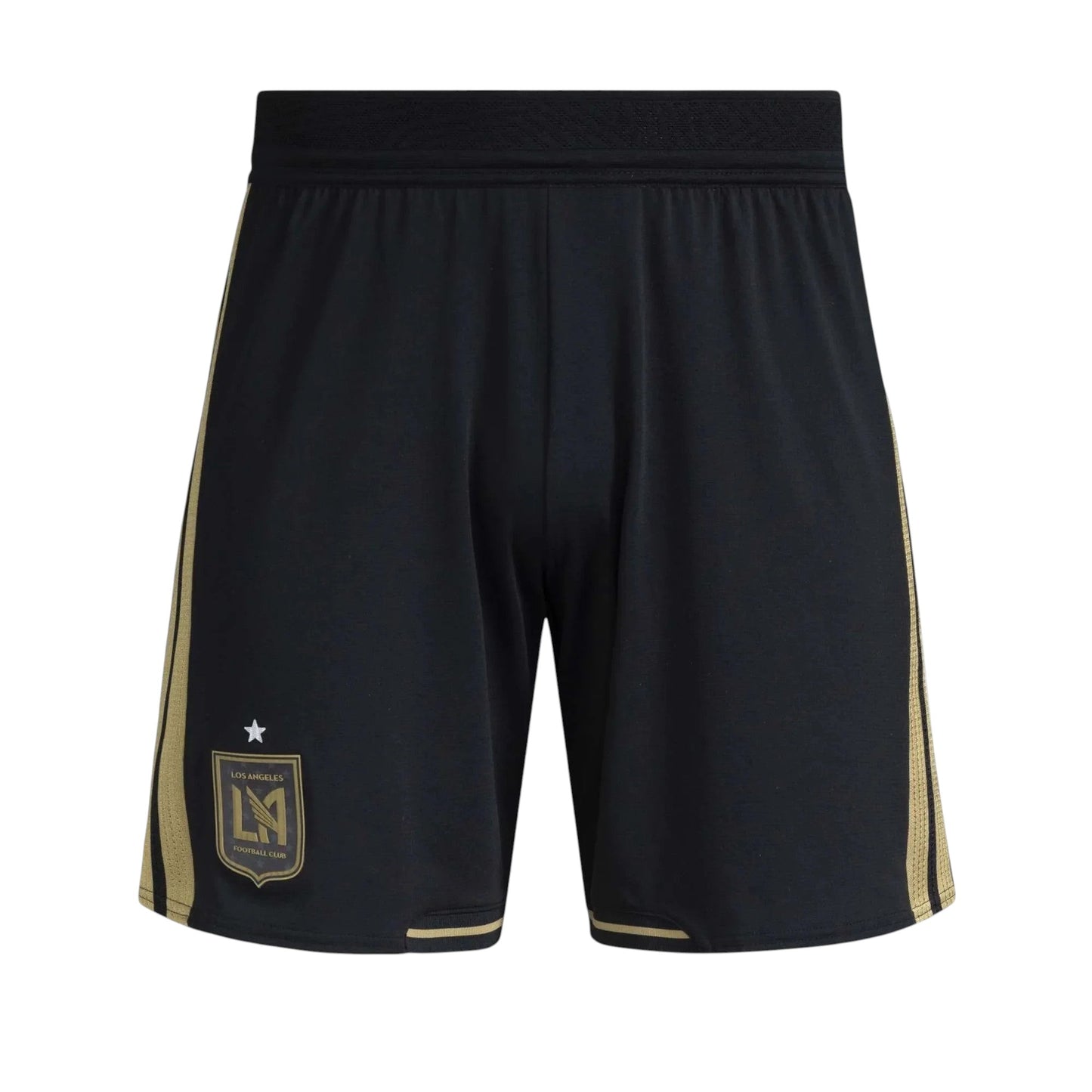 GOATkitz LAFC 2025-26 kids home soccer shorts in black with gold stripes and team crest. Elastic waistband.