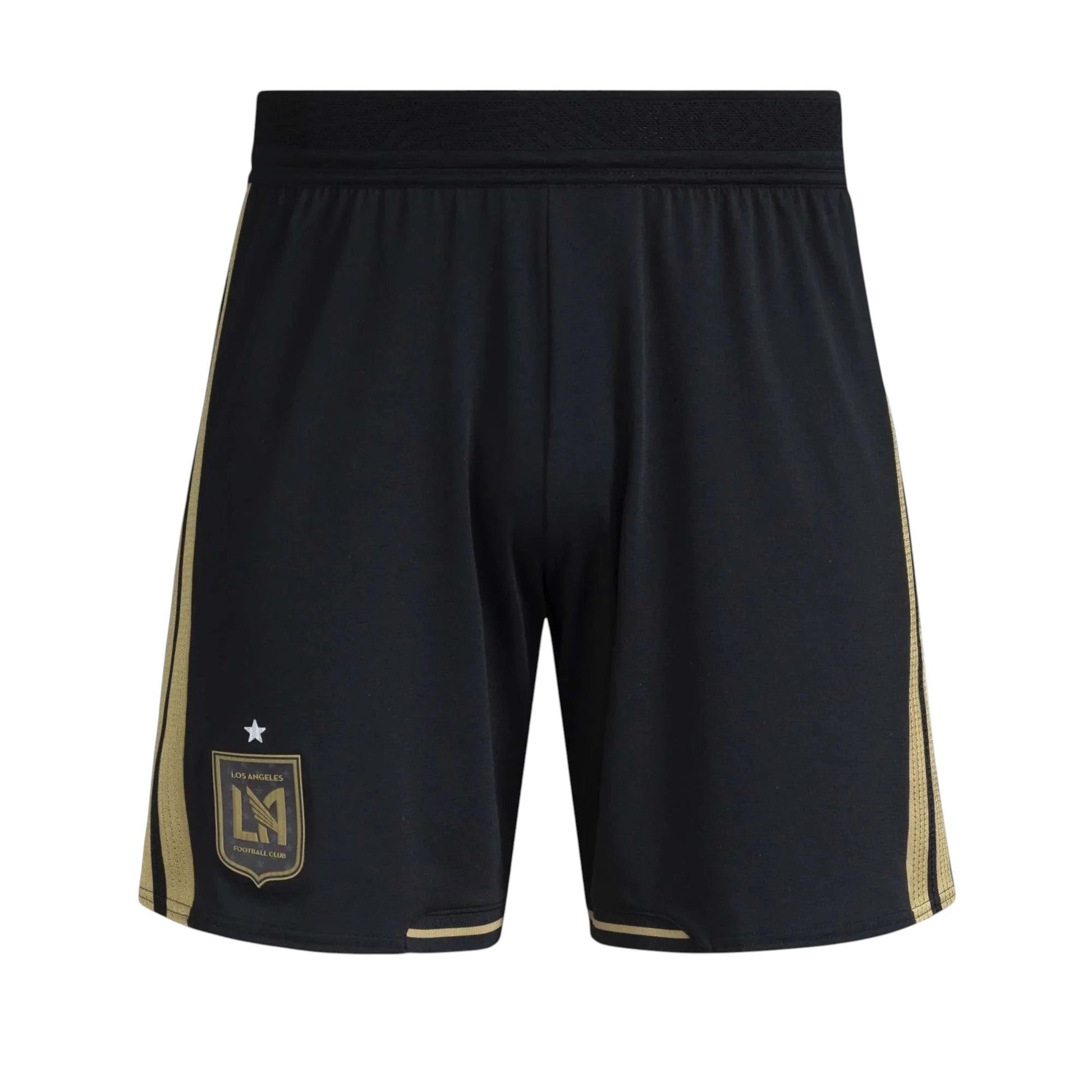 GOATkitz LAFC 2025-26 kids home soccer shorts in black with gold stripes and team crest. Elastic waistband.