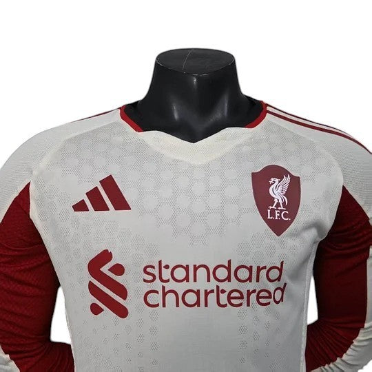 GOATkitz Liverpool 2025-26 white and red long sleeve player version away jersey with crest and sponsor logo.