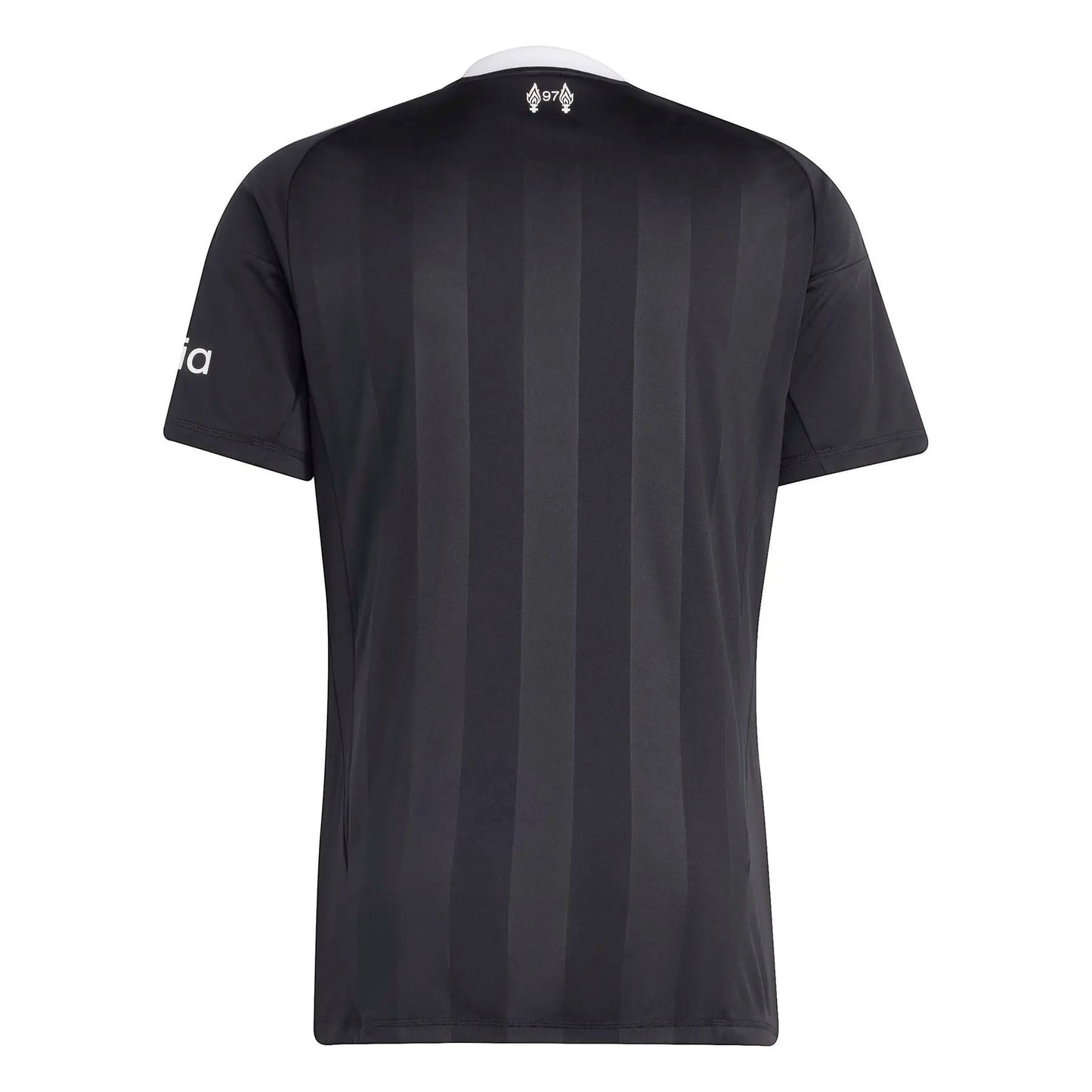 GOATkitz Liverpool 2025-26 black kids goalkeeper jersey with vertical stripe pattern and white collar.