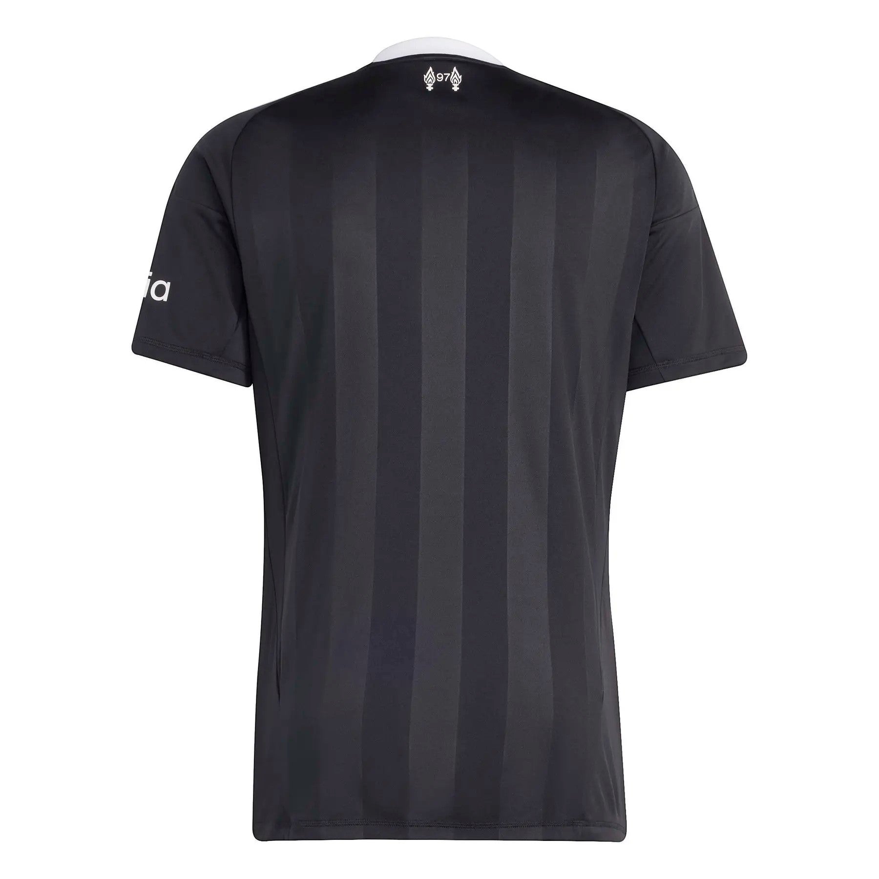 GOATkitz Liverpool 2025-26 black kids goalkeeper jersey with vertical stripe pattern and white collar.