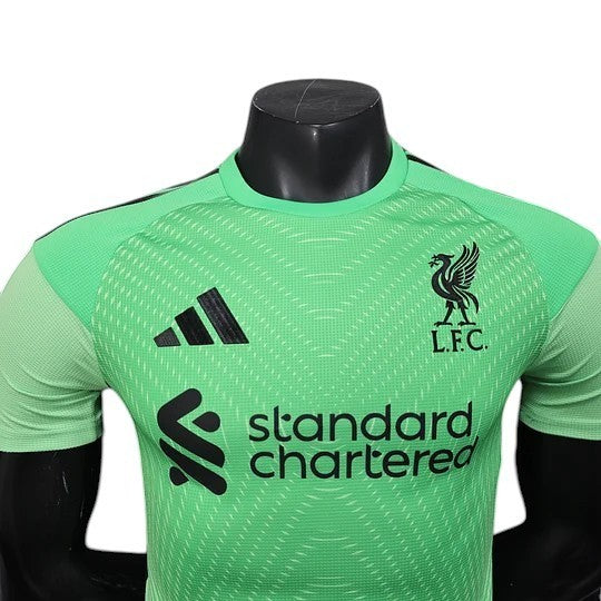 GOATkitz Liverpool 2025-26 Player Version Goalkeeper Green Jersey with black Adidas and LFC logos. Customizable.