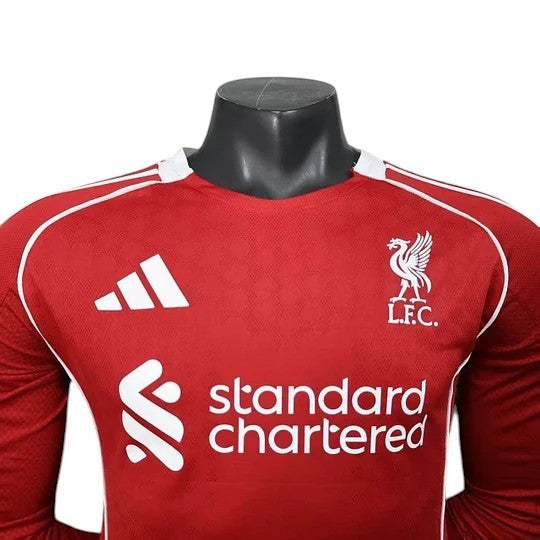 GOATkitz Liverpool 2025-26 adult player version home long sleeve jersey in red with white accents and logos.