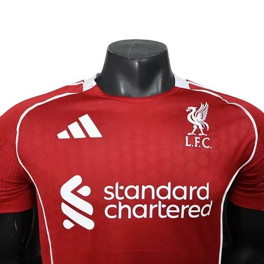 GOATkitz Liverpool 2025-26 Adult Player Version Home Jersey in red with white accents and logos. Customizable.