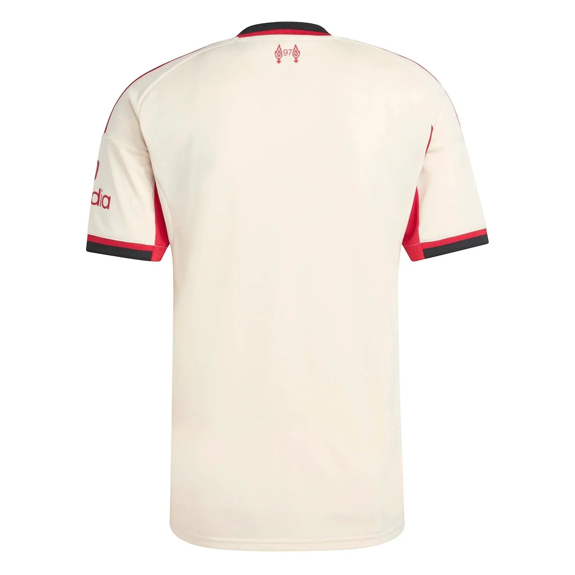 GOATkitz Liverpool 2025-26 adult away jersey in cream with red accents on the sleeves and collar. Features a sponsor logo on the sleeve.