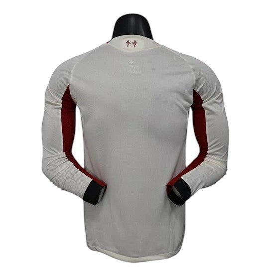 GOATkitz Liverpool 2025-26 adult player version away long sleeve jersey in white with maroon accents and black cuffs.