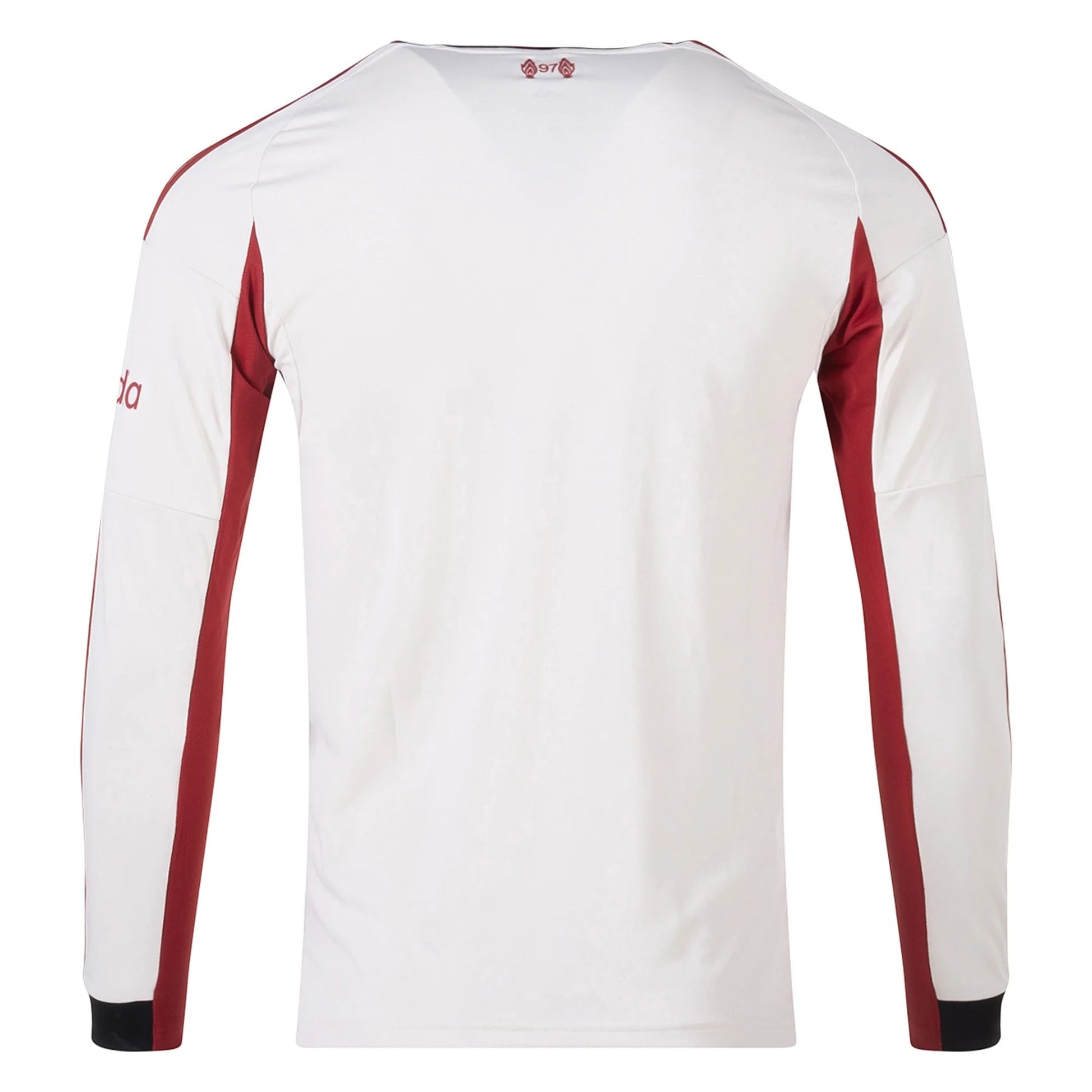 GOATkitz Liverpool 2025-26 adult away long sleeve jersey in white with maroon accents on the sleeves and collar. Customizable.