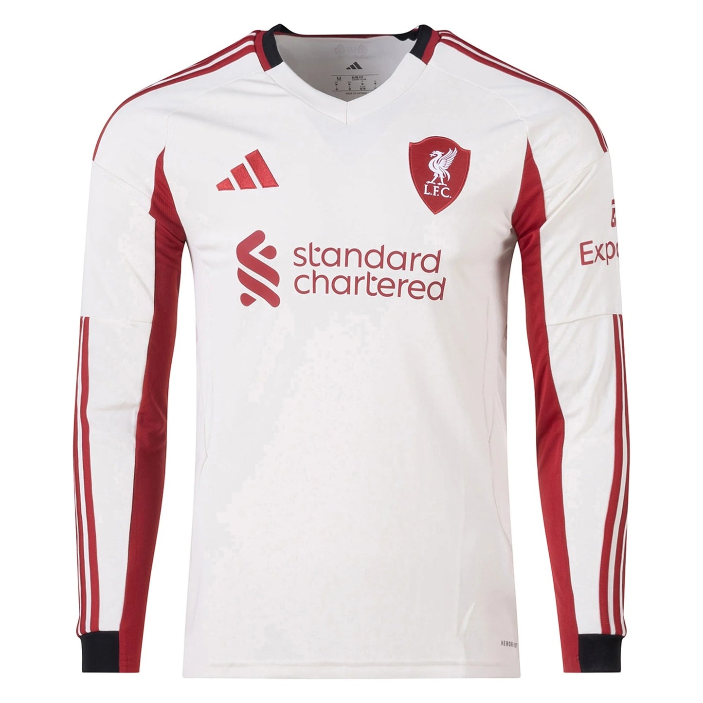 GOATkitz white long sleeve Liverpool 2025-26 away jersey with red accents and crest. Customizable.