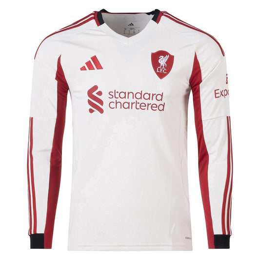 GOATkitz white long sleeve Liverpool 2025-26 away jersey with red accents and crest. Customizable.