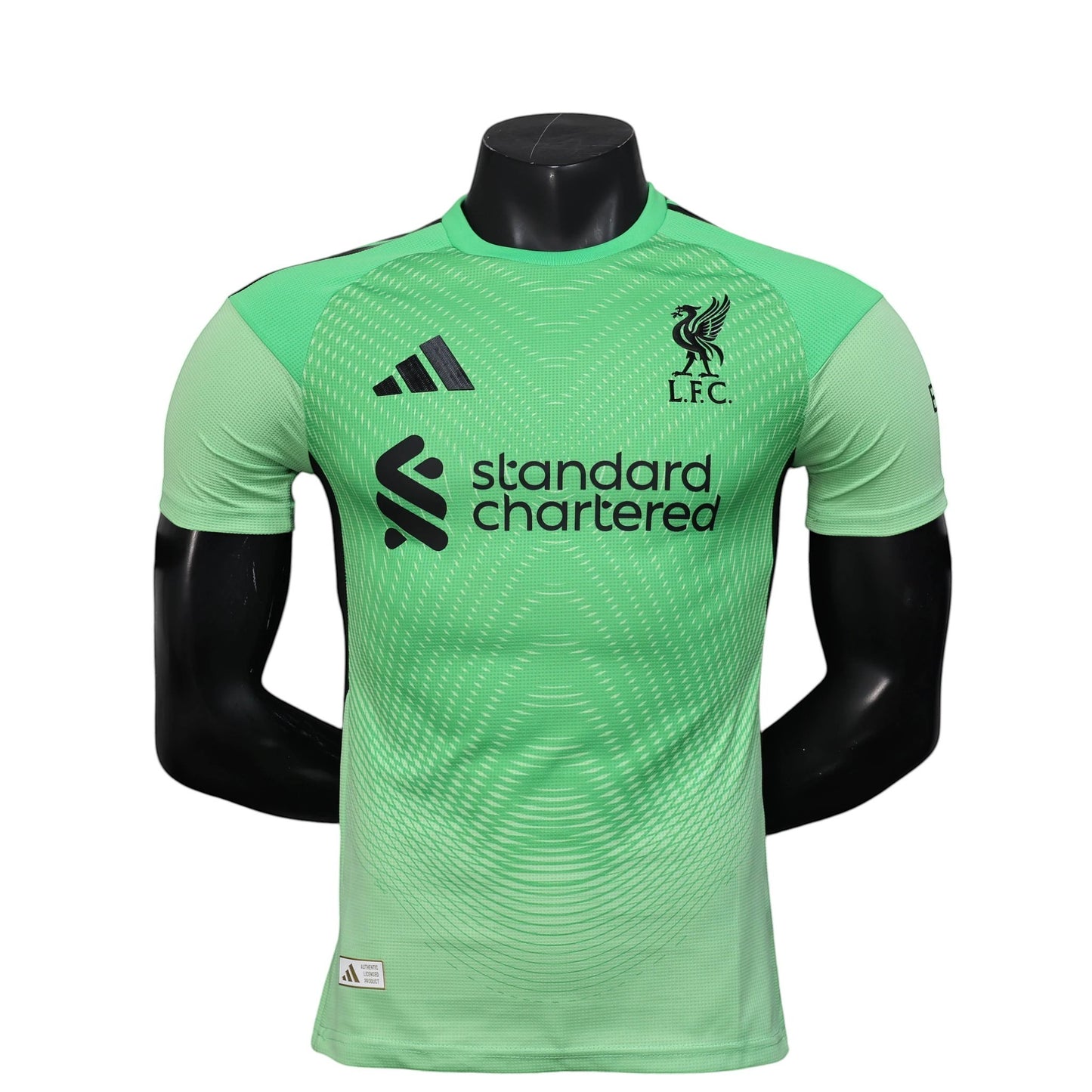 GOATkitz Liverpool 2025-26 Player Version Goalkeeper Green Jersey with L.F.C. crest and Standard Chartered logo.