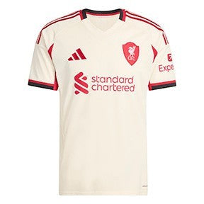 GOATkitz Liverpool 2025-26 kids away jersey in cream with red accents and crest. Customizable fan version.